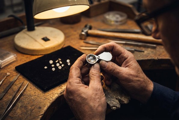 A VÉRELLE master jeweller setting a diamond with a loupe A VÉRELLE master jeweller setting a diamond with a loupe