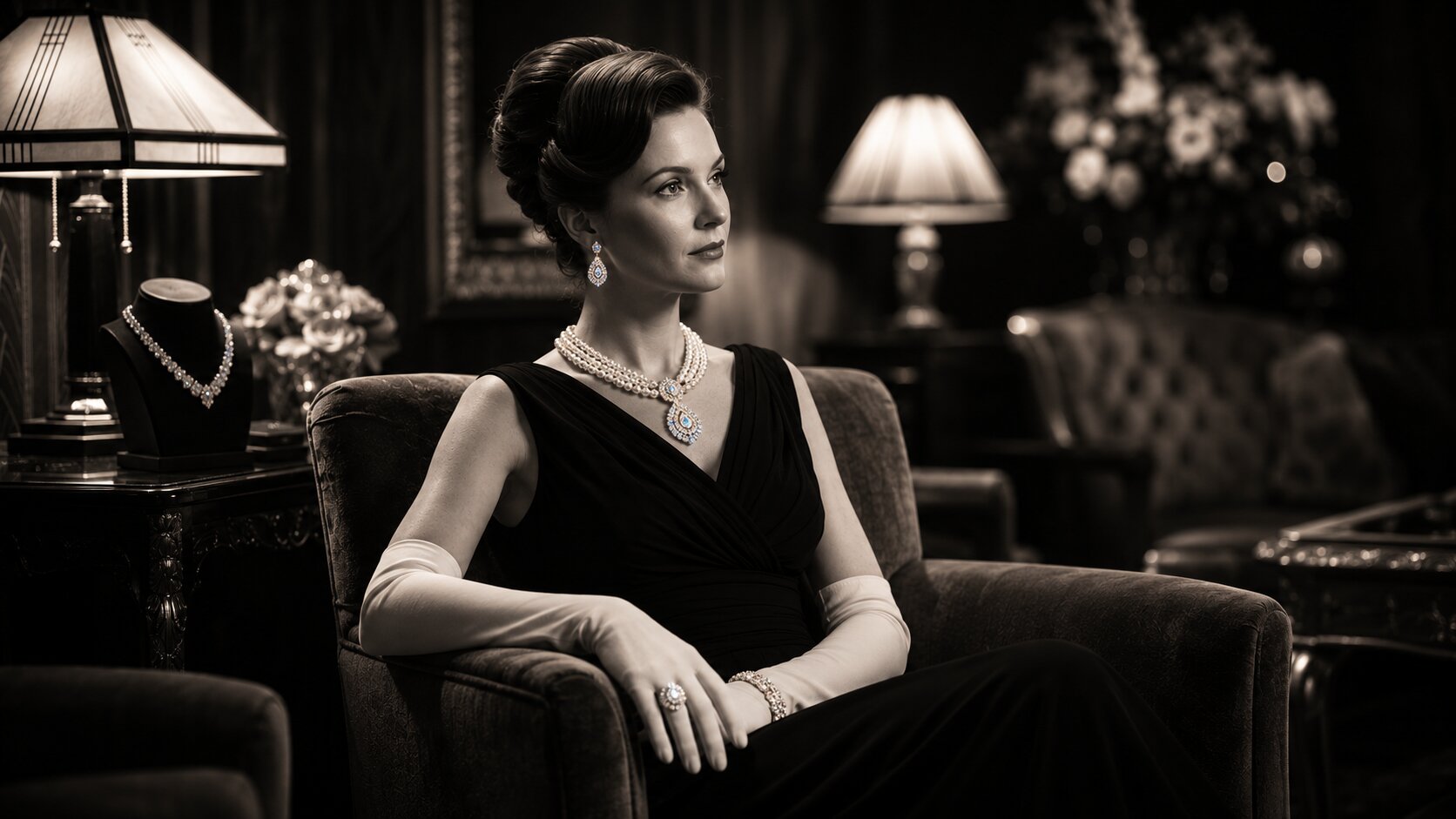 An elegantly dressed woman wearing diamonds — timeless 1950s glamour An elegantly dressed woman wearing diamonds — timeless 1950s glamour